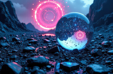 Surreal Landscape with a Shattered Sphere Reflecting a Colorful Portal