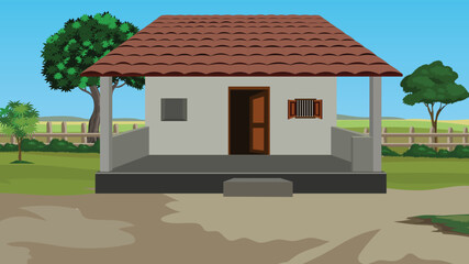 Simple Cartoon House in a Rural Landscape. Indian village house for cartoon animation