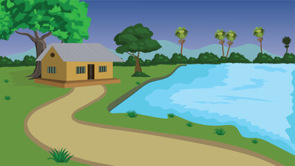 Indian village scenery vector illustration. A house is on a road next to a lake. The house is yellow and has a roof