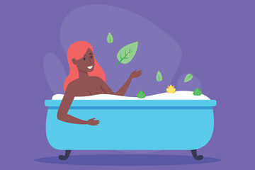 Woman enjoying calming bath experience in colorful tub, surrounded by floating leaves. Tranquility and beauty in serene atmosphere concept
