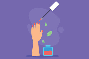 Hand with neatly manicured nails applying bright polish, small jar and leaves nearby. Beauty and self-care concept