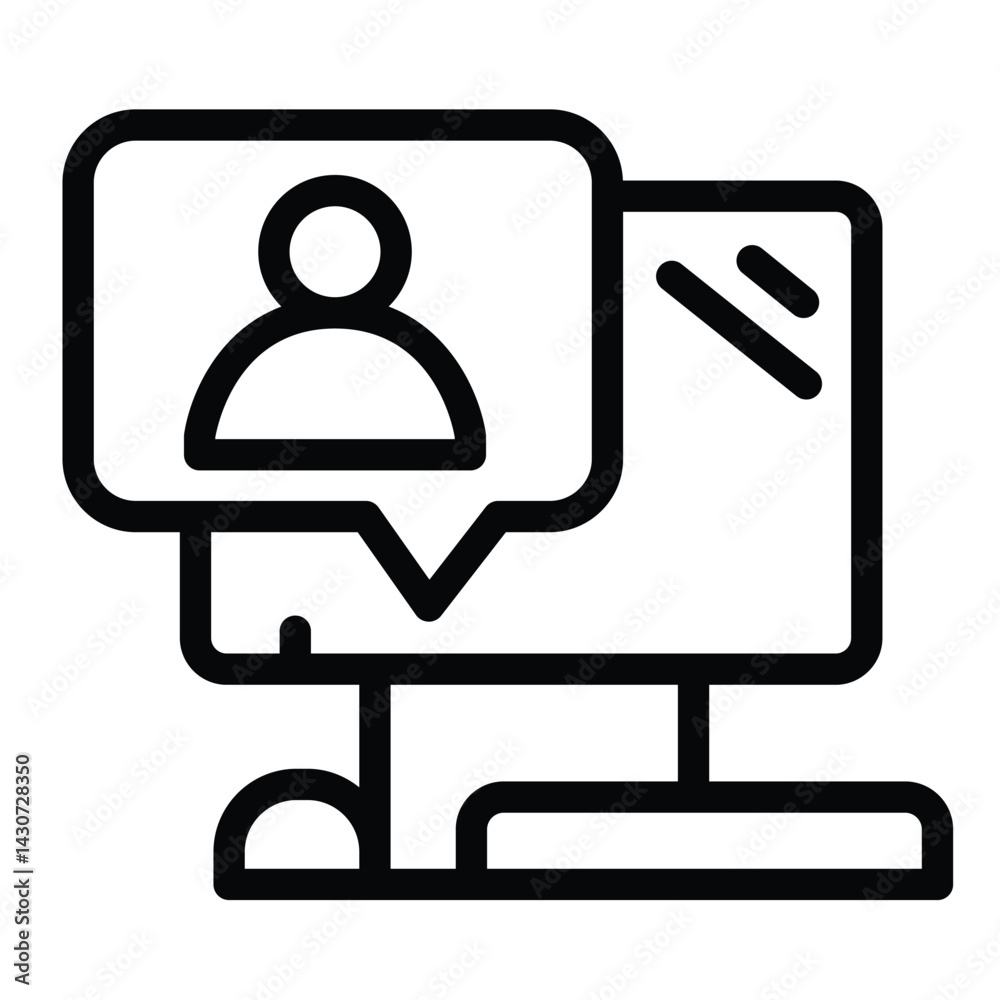 Poster computer with user message line icon, remote work concept. vector graphics. monitor, display and pop