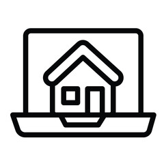 Laptop screen with home house line icon, remote work concept. Vector graphics. Display and cottage building sign on white background, style mobile or design.