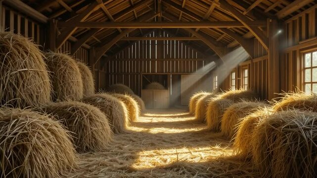 Sunlit Hay Bales in Rustic Barn: A Serene Scene of Agricultural Harvest and Storage