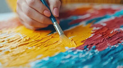 Fototapeta premium A close-up of a hand holding a paintbrush, applying vibrant colors to a textured canvas, showcasing an artistic process.
