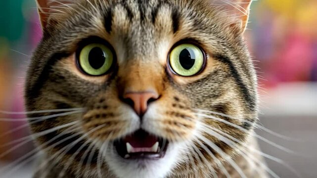 Astonished tabby cat with wide eyes and mouth open