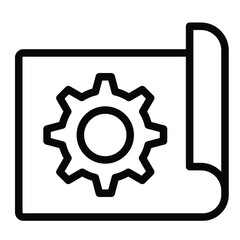 Project paper with gear line icon, repair service concept. Vector graphics. Blueprint and cogwheel, engineering sign on white background, style mobile or design.