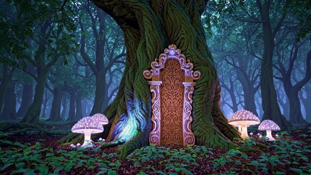 Enchanted forest scene with glowing mushrooms and intricate door embedded in old tree symbolizes mystery discovery fantasy imagination and wonder