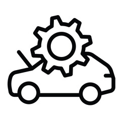 Car with open hood and cogwheel line icon, repair service concept. Vector graphics. Automobile engine, mechanic repair sign on white background, style mobile or design.