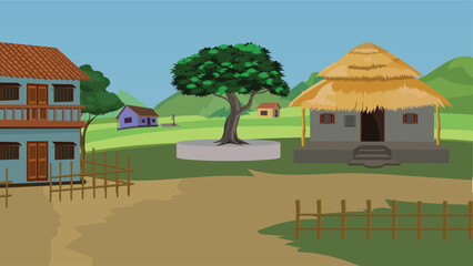 Rural village scenery with huts, cottages surrounded by fences, and a big tree in the middle of the village.Indian village landscape vector illustration