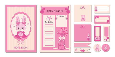 A set of vintage stickers, a cover for a diary and a to-do list for a girl. Cute ribbons, bows and characters, rabbit and teddy bear. Notepad template, modern vector design.
