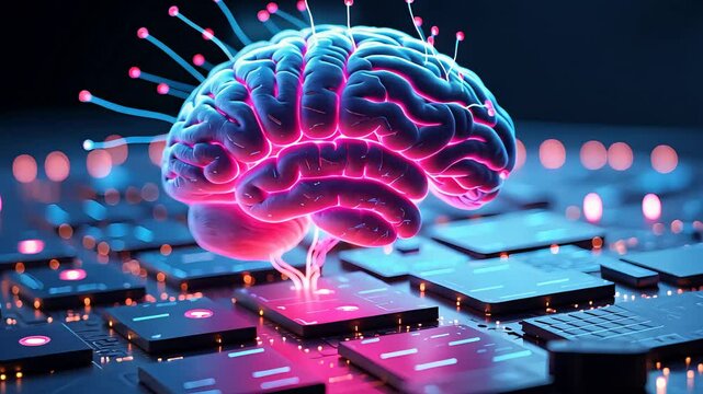 A futuristic, glowing brain emerging from a circuit board, representing artificial intelligence and advanced technology.

