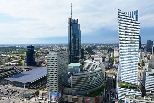 Warsaw, Poland, Europe : In center Varso Tower (tallest building in EU), right Złota 44 (tallest residential building in Poland), down - Warszawa Centralna main railway station and Golden Terraces