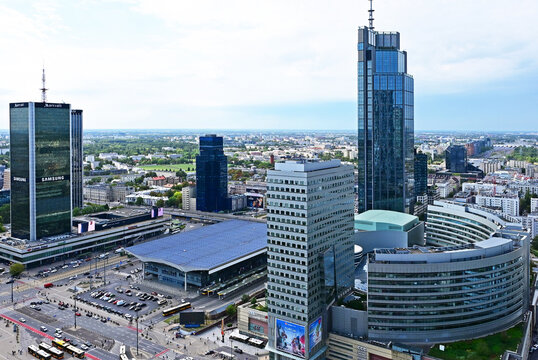 Warsaw, Poland, Europe - 26.08.2024 : Varso Tower (tallest building in EU), at left 5 star Hotel Marriott (since September 2024 Hotel Presidential) and Warszawa Centralna main railway station