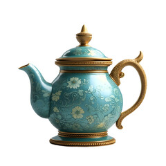 Detailed porcelain teapot with brown accents and glossy finish, intricate golden floral pattern, traditional tea ceremony decor, isolated PNG image