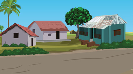 Cartoon Village Scene with Houses, Road, and Trees.Indian Rural Village landscape