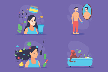 Beauty set featuring skincare, hair care, and wellness activities. Self-care, relaxation and rejuvenation concept