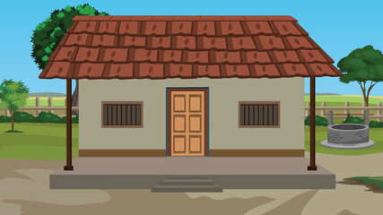 Simple rural house landscape in a village.House with tiled roof and wooden windows and door vector illustration