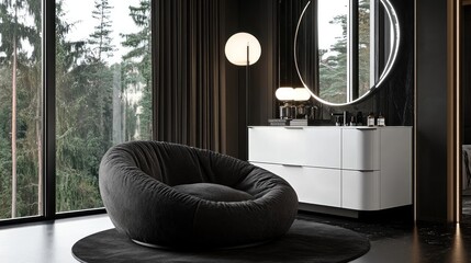 Dark, modern lounge area with expansive window views.