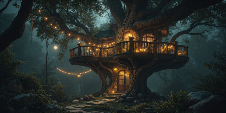 An enchanted treehouse glowing with lanterns in a misty forest for storytelling and adventure visuals. A whimsical wooden treehouse nestled