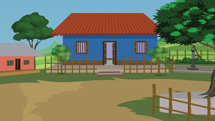 Indian village landscape with huts, cottages, and trees beside the road.Village house background with a tubewell