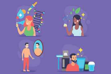 Collection of beauty concepts, diverse activities such as skincare application, health monitoring, and self-improvement practices by various individuals