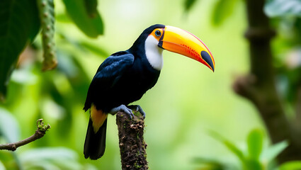 Fototapeta premium A striking tropical Toucan with its large colorful orange and black beak perched on a branch in the rainforest. 