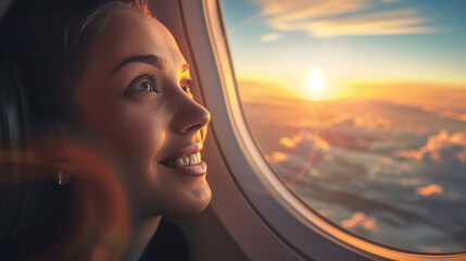 Fototapeta premium Happy woman looks out aircraft window dreaming during flight