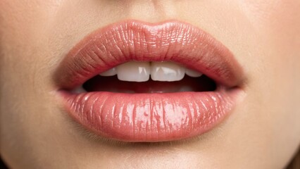Obraz premium Close-up of glossy lips showcasing a natural lip color with subtle shine, emphasizing smoothness and texture.