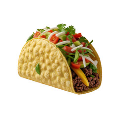 Handheld Mexican taco with savory filling, topped with fresh ingredients like lettuce, tomatoes, and cheese, on a white background for culinary photography