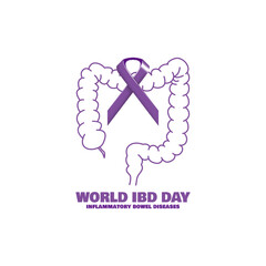 World IBD (Inflammatory Bowel Diseases) Day to celebrate on May 19th. Purple campaign ribbon with illustration of bowel on white background. Health event banner.