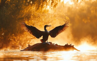 Fototapeta premium A bird with outstretched wings in the warm golden light of the sun