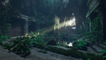 Fantasy underground temple ruin underground with ray of sunlight shining through an entrance at the top of stone steps. 3D rendered illustration.