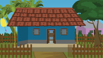Cartoon house with a tiled roof surrounded by a wooden fence.Asian poor farmer house background vector