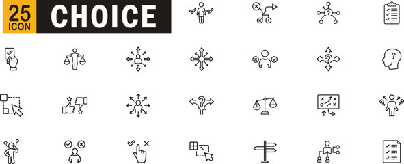 Decision-making and choice icon set. Direction, options, selection, strategy, checklist, approval, confusion, and balance concepts.