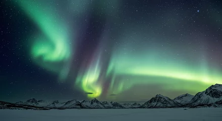 Fotobehang Northern Lights Dancing Over Snowy Mountains. Abstract background    © ANGELINA
