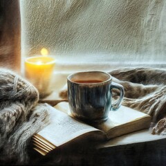 Watercolor illustration of a cozy scene with a cup of hot chocolate on a book near a window, glowing candlelight, and snow outside. Perfect for winter and hygge themes