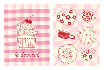 Set of hand drawn vintage posters with cupcake, plates and cups on checkered backgrounds. Whimsical dessert and kitchen decor drawings. Coquette design. Contemporary art vector illustrations