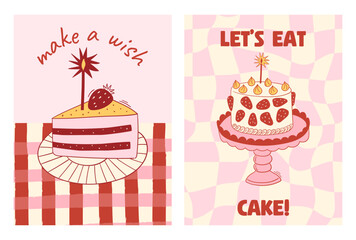 Set of hand drawn vintage birthday posters with strawberry cakes on checkered background. Whimsical dessert drawings. Coquette confectionery design. Contemporary art vector illustrations