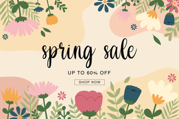 Blooming spring sale ad with stylized flowers framing black script text