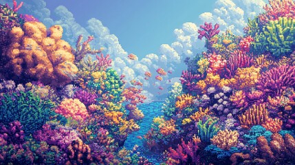 Naklejka premium Pixelated coral reef image with vibrant colors and cloudy sky