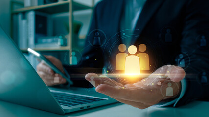 Customer Relationship Management (CRM), Businessman use tablet with global structure customer network technology, Data exchanges development. human resources, social media. digital marketing online.