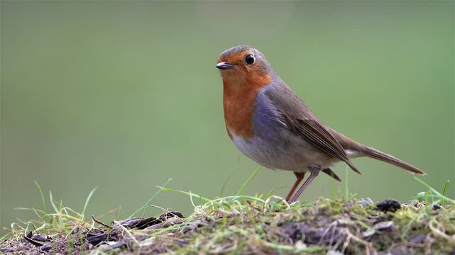 European Robin Searching for Food in a Natural Forest Habitat