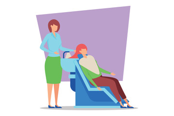 Client relaxing in salon chair while stylist preparing for beauty treatment. Customer comfort during services concept