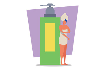 Woman with towel on her head standing next to large bottle of lotion. Woman applying lotion to her arm, indicating focus on skincare