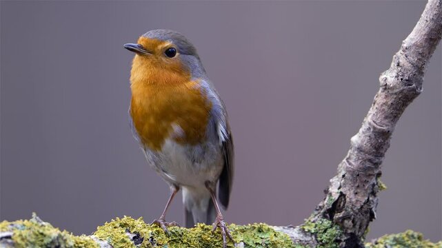 European Robin Singing on a Branch in Close-Up Detail