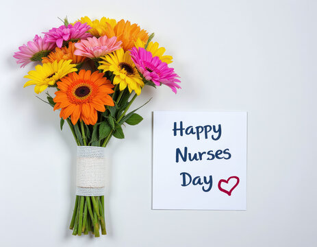 Colorful bouquet of gerbera daisies (pink, yellow, orange) wrapped with white burlap, next to a card that reads "Happy Nurses Day" with a red heart. Isolated on a clean white background.