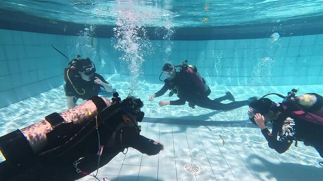 Scuba divers engaged in underwater training session actively in swimming pool. Divers in process of adjusting goggles as colleagues continue with gesticulating practice