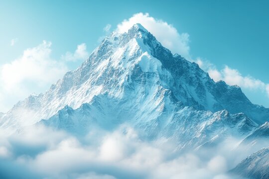 Majestic snow-covered mountain peaks under a clear blue sky surrounded by fluffy clouds