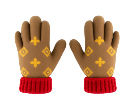 Pair of Brown Mittens with Red Cuffs and Yellow Diamond Pattern